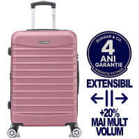 Troler mare extensibil Quasar & Co.®, 77x49x31-36cm, bagaj de cala, troller avion cu fermoar antifurt, cifru, maner telescopic, geamantan cu 4 roti duble silentioase 360°, valiza ABS 2.8 mm, 2 compartimente cu buzunar, LINE, Roz pudrat