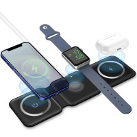 Incarcator wireless magnetic 3 in 1, Quasar & Co.®, universal, pliabil, incarcare rapida 15W, Qi fast wifi charger, 25 x 7,5 x 0,75 cm, negru