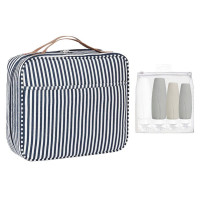 Set calatorie, Quasar & Co.®, cu geanta cosmetice si 4 x recipiente dozatoare voiaj, interior impermeabil, textil/silicon, negru-gri