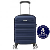 Troler cabina avion Quasar & Co.®, 40x30x20cm, bagaj de mana, troller cu fermoar sigur, cifru, maner telescopic lung, geamantan cu 4 roti duble, detasabile, 360°, valiza ABS 2.8 mm, rezistent, 2 compartimente cu buzunar, 10kg, LINE, bleumarin