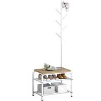 Cuier Quasar & Co.®, cu bancuta si raft incaltaminte, mobila hol, 54x35x170,5 cm, lemn/metal, alb