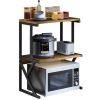 Raft cuptor microunde, Quasar & Co.®, suport bucatarie, rafturi cu 2 niveluri, etajera cu cadru metalic si polite lemn, model Duo, 54x37x68,5 cm, negru-nuc