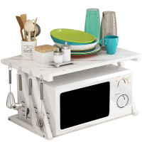 Raft cuptor microunde, Quasar & Co.®, suport bucatarie, rafturi cu 6 carlige, etajera cu cadru metalic si polite lemn, model Z-Micro, 57 x 38 x 38 cm, alb marmorat