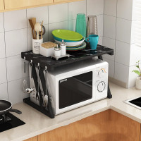 Raft cuptor microunde, Quasar & Co.®, suport bucatarie, rafturi cu 6 carlige, etajera cu cadru metalic si polite lemn, model Z-Micro, 57 x 38 x 38 cm, negru marmorat