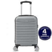Troler cabina avion Quasar & Co.®, 40x30x20cm, bagaj de mana, troller cu fermoar sigur, cifru, maner telescopic lung, geamantan cu 4 roti duble, detasabile, 360°, valiza ABS 2.8 mm, rezistent, 2 compartimente cu buzunar, 10kg, LINE, argintiu