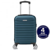Troler cabina avion Quasar & Co.®, 40x30x20cm, bagaj de mana, troller cu fermoar sigur, cifru, maner telescopic lung, geamantan cu 4 roti duble, detasabile, 360°, valiza ABS 2.8 mm, rezistent, 2 compartimente cu buzunar, 10kg, LINE, albastru petrol