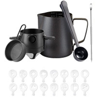 Set cafea portabil, Quasar & Co.®, cu filtru cafea, latiera, lingurita dozatoare, sita, stilou si matrite decorare, 600 ml, otel inoxidabil, negru