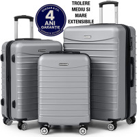 Set 3 trolere Quasar & Co.®, S/M/L, valize cu fermoar antifurt, bagaje cu cifru, maner telescopic, geamantane cu 4 roti duble silentioase 360°, ABS 2.8 mm extradur, captuseala buretata, cate 2 compartimente cu buzunar, LINE, argintiu