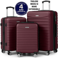 Set 3 trolere Quasar & Co.®, S/M/L, valize cu fermoar antifurt, bagaje cu cifru, maner telescopic, geamantane cu 4 roti duble silentioase 360°, ABS 2.8 mm extradur, captuseala buretata, cate 2 compartimente cu buzunar, LINE, visiniu