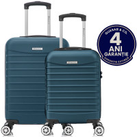 Set 2 trolere cabina, Quasar & Co.®, 40x30x20 cm cu roti detasabile si 55x36x20 cm, bagaj de mana, troller cu fermoar antifurt, cifru, maner telescopic lung, geamantan 4 roti duble 360°, valiza ABS 2.8 mm rezistent, 10kg, LINE, Albastru petrol