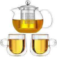 Set ceainic cu 2 cesti, Quasar & Co.®, cu infuzor, capac si 2 cani cu pereti dubli, 650 ml/2x250 ml, transparent
