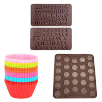 Set cofetarie Quasar & Co.®, foaie 27 macarons, 24 forme briose, 2 forme decorare cu litere si cifre, silicon, maro-galben