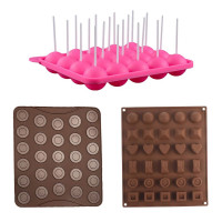 Set cofetarie Quasar & Co.®, foaie 27 macarons, forme 20 acadele cu betisoare, matrita 30 forme bomboane, silicon, maro-roz