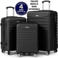 Set 3 trolere Quasar & Co.®, S/M/L, valize cu fermoar antifurt, bagaje cu cifru, maner telescopic, geamantane cu 4 roti duble silentioase 360°, ABS 2.8 mm extradur, captuseala buretata, cate 2 compartimente cu buzunar, LINE, negru