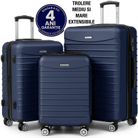 Set 3 trolere Quasar & Co.®, S/M/L, valize cu fermoar antifurt, bagaje cu cifru, maner telescopic, geamantane cu 4 roti duble silentioase 360°, ABS 2.8 mm extradur, captuseala buretata, cate 2 compartimente cu buzunar, LINE, bleumarin