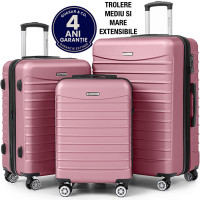 Set 3 trolere Quasar & Co.®, S/M/L, valize cu fermoar antifurt, bagaje cu cifru, maner telescopic, geamantane cu 4 roti duble silentioase 360°, ABS 2.8 mm extradur, captuseala buretata, cate 2 compartimente cu buzunar, LINE, roz pudrat