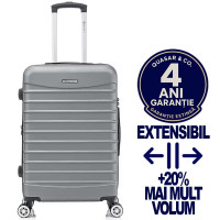 Troler mediu extensibil Quasar & Co.®, 66x41x26-31cm, bagaj de cala, troller avion cu fermoar antifurt, cifru, maner telescopic, geamantan cu 4 roti duble silentioase 360°, valiza ABS 2.8 mm, 2 compartimente cu buzunar, LINE, Argintiu