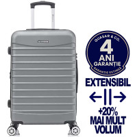 Troler mare extensibil Quasar & Co.®, 77x49x31-36cm, bagaj de cala, troller avion cu fermoar antifurt, cifru, maner telescopic, geamantan cu 4 roti duble silentioase 360°, valiza ABS 2.8 mm, 2 compartimente cu buzunar, LINE, Argintiu