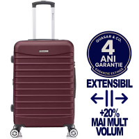 Troler mediu extensibil Quasar & Co.®, 66x41x26-31cm, bagaj de cala, troller avion cu fermoar antifurt, cifru, maner telescopic, geamantan cu 4 roti duble silentioase 360°, valiza ABS 2.8 mm, 2 compartimente cu buzunar, LINE, Visiniu