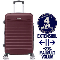 Troler mare extensibil Quasar & Co.®, 77x49x31-36cm, bagaj de cala, troller avion cu fermoar antifurt, cifru, maner telescopic, geamantan cu 4 roti duble silentioase 360°, valiza ABS 2.8 mm, 2 compartimente cu buzunar, LINE, Visiniu