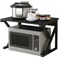 Raft cuptor microunde, Quasar & Co.®, suport bucatarie, rafturi cu 3 carlige, etajera cu cadru metalic si polita lemn, model Kraft, 54 x 37 x 34,5 cm, negru