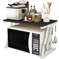 Raft cuptor microunde, Quasar & Co.®, suport bucatarie, rafturi cu 6 carlige, etajera cu cadru metalic si polite lemn, model Z-Micro, 57 x 38 x 38 cm, alb-negru