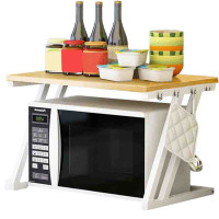 Raft cuptor microunde, Quasar & Co.®, suport bucatarie, rafturi cu 6 carlige, etajera cu cadru metalic si polite lemn, model Z-Micro, 57 x 38 x 38 cm, alb-crem