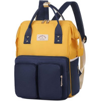 Rucsac, Quasar & Co.®, pentru mamici si bebelusi, compartimentat, textil, 37 x 27 x 16 cm, galben-bleumarin
