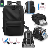 Rucsac Quasar & Co.®, bagaj de mana avion, multifunctional, extensibil, impermeabil, compartiment pantofi, compartiment laptop, sistem agatare pe troler, rucsac calatorie/voiaj pretabil drumetii/scoala, cu USB, textil, 43x30x20-28 cm, negru