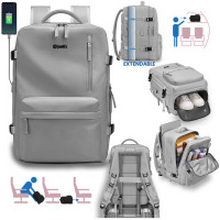 Rucsac Quasar & Co.®, bagaj de mana avion, multifunctional, extensibil, impermeabil, compartiment pantofi, compartiment laptop, sistem agatare pe troler, rucsac calatorie/voiaj pretabil drumetii/scoala, cu USB, textil, 43x30x20-28 cm, gri deschis