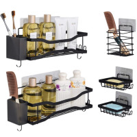 Set 5 rafturi baie si 2 compartimente, Quasar & Co.®, organizator universal, otel inoxidabil/ABS, negru