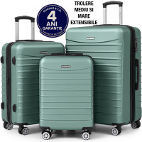 Set 3 trolere Quasar & Co.®, S/M/L, valize cu fermoar antifurt, bagaje cu cifru, maner telescopic, geamantane cu 4 roti duble silentioase 360°, ABS 2.8 mm extradur, captuseala buretata, cate 2 compartimente cu buzunar, LINE, turcoaz deschis