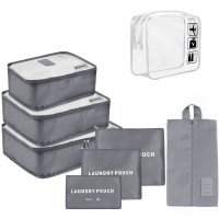 Set 7 huse organizare bagaj si o gentuta cosmetice calatorie, Quasar & Co.®, pretabile voiaj, accesorii valiza/troler, gri