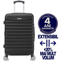 Troler mare extensibil Quasar & Co.®, 77x49x31-36cm, bagaj de cala, troller avion cu fermoar antifurt, cifru, maner telescopic, geamantan cu 4 roti duble silentioase 360°, valiza ABS 2.8 mm, 2 compartimente cu buzunar, LINE, Negru
