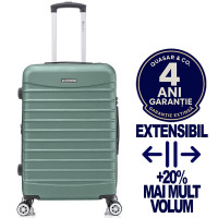 Troler mediu extensibil Quasar & Co.®, 66x41x26-31cm, bagaj de cala, troller avion cu fermoar antifurt, cifru, maner telescopic, geamantan cu 4 roti duble silentioase 360°, valiza ABS 2.8 mm, 2 compartimente cu buzunar, LINE,Turcoaz deschis