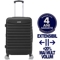 Troler mediu extensibil Quasar & Co.®, 66x41x26-31cm, bagaj de cala, troller avion cu fermoar antifurt, cifru, maner telescopic, geamantan cu 4 roti duble silentioase 360°, valiza ABS 2.8 mm, 2 compartimente cu buzunar, LINE, Negru