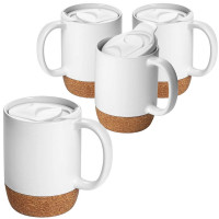 Set 4 cani cafea/ceai, Quasar & Co.®, pretabile voiaj/calatorie, cu capac to go, baza de pluta, ceramica, 400 ml, alb