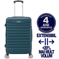 Troler mediu extensibil Quasar & Co.®, 66x41x26-31cm, bagaj de cala, troller avion cu fermoar antifurt, cifru, maner telescopic, geamantan cu 4 roti duble silentioase 360°, valiza ABS 2.8 mm, 2 compartimente cu buzunar, LINE, Albastru petrol