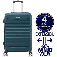 Troler mare extensibil Quasar & Co.®, 77x49x31-36cm, bagaj de cala, troller avion cu fermoar antifurt, cifru, maner telescopic, geamantan cu 4 roti duble silentioase 360°, valiza ABS 2.8 mm, 2 compartimente cu buzunar, LINE, Albastru petrol