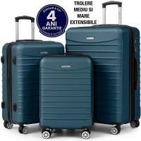 Set 3 trolere Quasar & Co.®, S/M/L, valize cu fermoar antifurt, bagaje cu cifru, maner telescopic, geamantane cu 4 roti duble silentioase 360°, ABS 2.8 mm extradur, captuseala buretata, cate 2 compartimente cu buzunar, LINE, albastru petrol