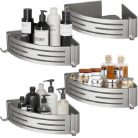 Set 4 etajere de colt, Quasar & Co.®, universale, suspendate, cu 8 carlige, 21x21x6,8 cm, aluminiu, Gri metalizat