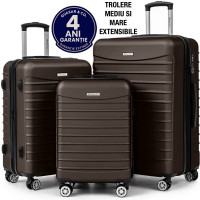 Set 3 trolere Quasar & Co.®, S/M/L, valize cu fermoar antifurt, bagaje cu cifru, maner telescopic, geamantane cu 4 roti duble silentioase 360°, ABS 2.8 mm extradur, captuseala buretata, cate 2 compartimente cu buzunar, LINE, Dark Coffee