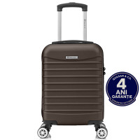 Troler cabina avion Quasar & Co.®, 40x30x20cm, bagaj de mana, troller cu fermoar sigur, cifru, maner telescopic lung, geamantan cu 4 roti duble detasabile, 360°, valiza ABS 2.8 mm, rezistent, 2 compartimente cu buzunar, 10kg, LINE, Dark Coffee