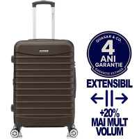Troler mediu extensibil Quasar & Co.®, 66x41x26-31cm, bagaj de cala, troller avion cu fermoar antifurt, cifru, maner telescopic, geamantan cu 4 roti duble silentioase 360°, valiza ABS 2.8 mm, 2 compartimente cu buzunar, LINE, Dark Coffee