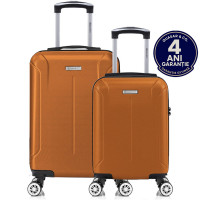 Set 2 trolere cabina, Quasar & Co.®, 40x30x20 cm cu roti detasabile si 55x35x20 cm, bagaj de mana, troller cu fermoar antifurt, cifru, maner telescopic lung, geamantan 4 roti duble 360°, valiza ABS 2.8 mm rezistent, 10kg, Smart, camel