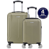 Set 2 trolere cabina, Quasar & Co.®, 40x30x20 cm cu roti detasabile si 55x35x20 cm, bagaj de mana, troller cu fermoar antifurt, cifru, maner telescopic lung, geamantan 4 roti duble 360°, valiza ABS 2.8 mm rezistent, 10kg, Smart, sampanie