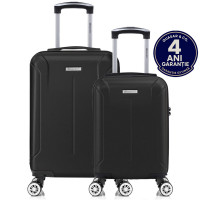 Set 2 trolere cabina, Quasar & Co.®, 40x30x20 cm cu roti detasabile si 55x35x20 cm, bagaj de mana, troller cu fermoar antifurt, cifru, maner telescopic lung, geamantan 4 roti duble 360°, valiza ABS 2.8 mm rezistent, 10kg, Smart, negru