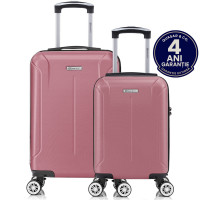 Set 2 trolere cabina, Quasar & Co.®, 40x30x20 cm cu roti detasabile si 55x35x20 cm, bagaj de mana, troller cu fermoar antifurt, cifru, maner telescopic lung, geamantan 4 roti duble 360°, valiza ABS 2.8 mm rezistent, 10kg, Smart, Roz pudrat