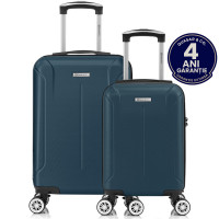 Set 2 trolere cabina, Quasar & Co.®, 40x30x20 cm cu roti detasabile si 55x35x20 cm, bagaj de mana, troller cu fermoar antifurt, cifru, maner telescopic lung, geamantan 4 roti duble 360°, valiza ABS 2.8 mm rezistent, 10kg, Smart, Albastru petrol