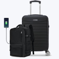 Set troler cabina si rucsac Quasar & Co.®, 55x35x20cm/43x30x20 cm, bagaj de mana, troller cu rucsac calatorie avion, Priority Pack, ABS/pes, negru